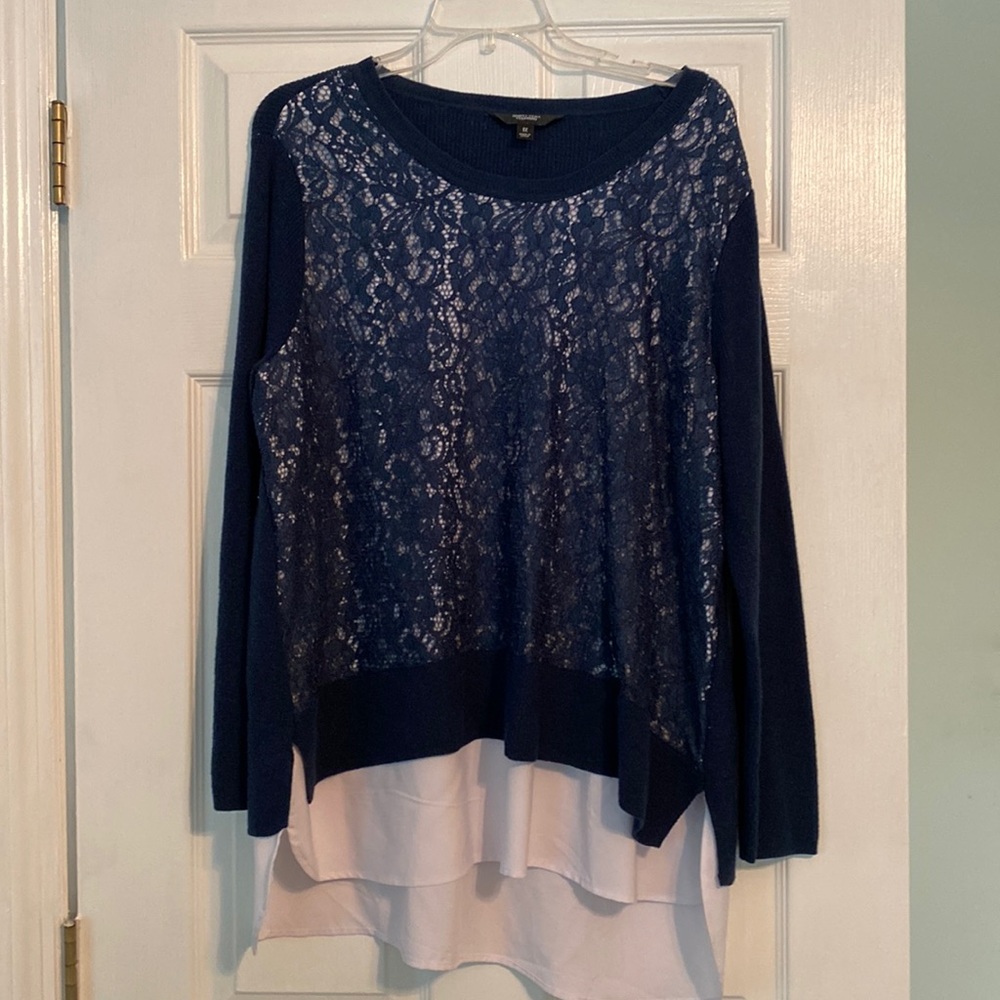 Vera Wang Navy Lace Front Sweater w/ faux Blouse hemline Plus 1X
